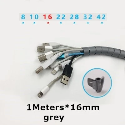 16 gray 16 мм провод кабель фиксированного спиральные защитные рукава спирально Трубочная устройство для сматывания шнура питания шнур протектор гибкая проволока из нержавеющей стали рулон труб 1 м/компл - Цвет: 16 gray