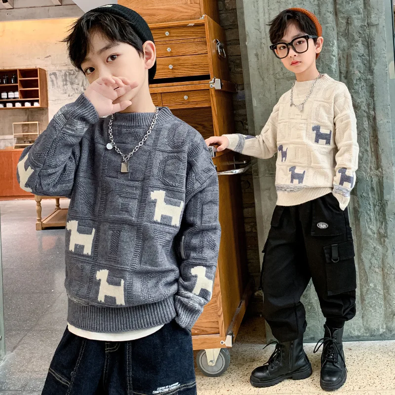 

Зимний детский плотный свитер, вязаные топы с длинным рукавом и мультяшным рисунком для мальчиков, детский пуловер с круглым вырезом, повседневная одежда для подростков 10, 11, 13 лет