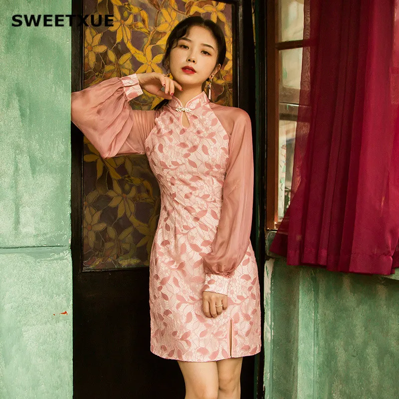 Осеннее шифоновое Кружевное платье Ципао SWEETXUE с длинными рукавами стильное и