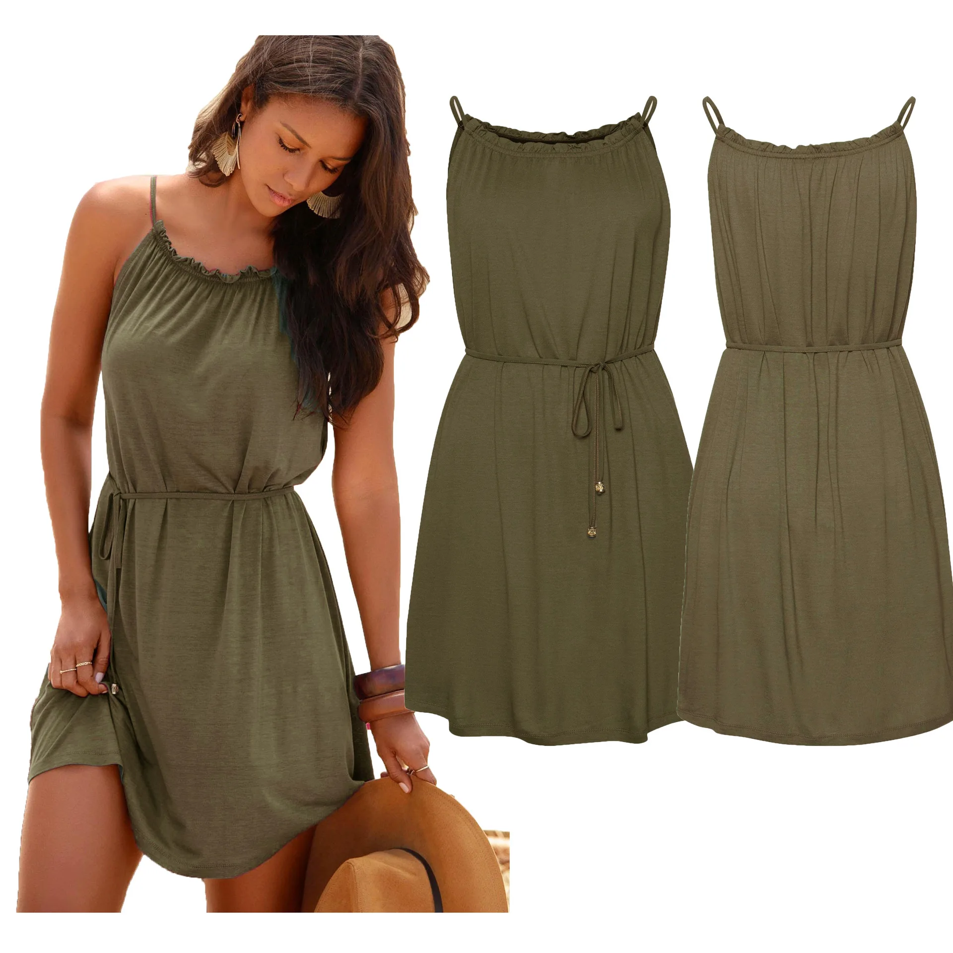 Женское платье на бретельках Pdfmily зеленое короткое Повседневное трапециевидной