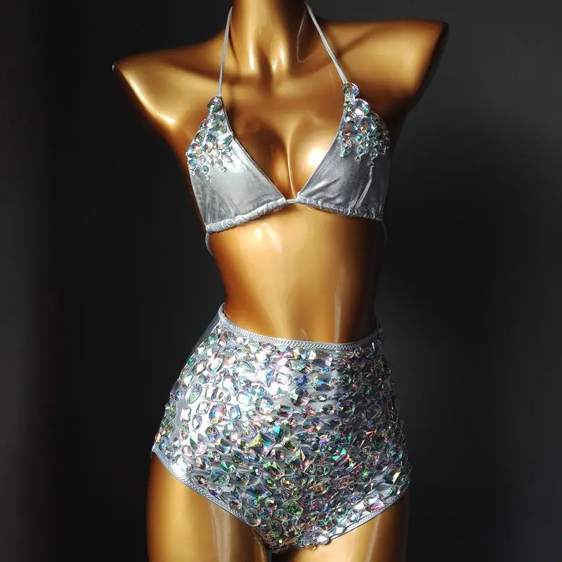 

Sparkly Rhinestones Bikini Outfit Sexy Nightclub Bar Women DJ Pole Dancing Costume Silver Black Crystals Stones Bra Shorts Set