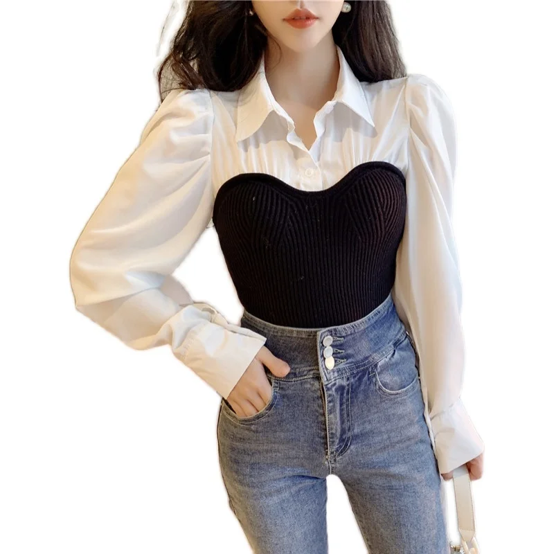 

Make temperament shirt spell new winter hubble-bubble sleeve knit coat lapels fake two piece