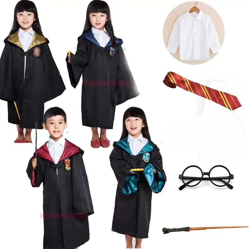 

Boys Girls Horrible Party Cosplay Children Robe With Peaked Cap Witch Cloak Shirt Tie Granger Halloween Costume