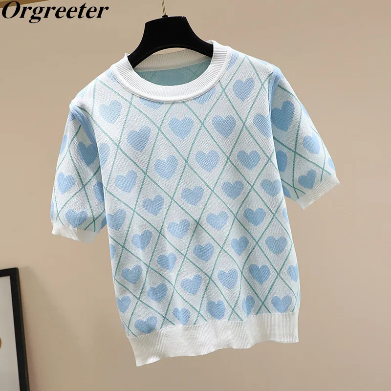 Женский трикотажный жаккардовый пуловер синий джемпер с круглым вырезом и