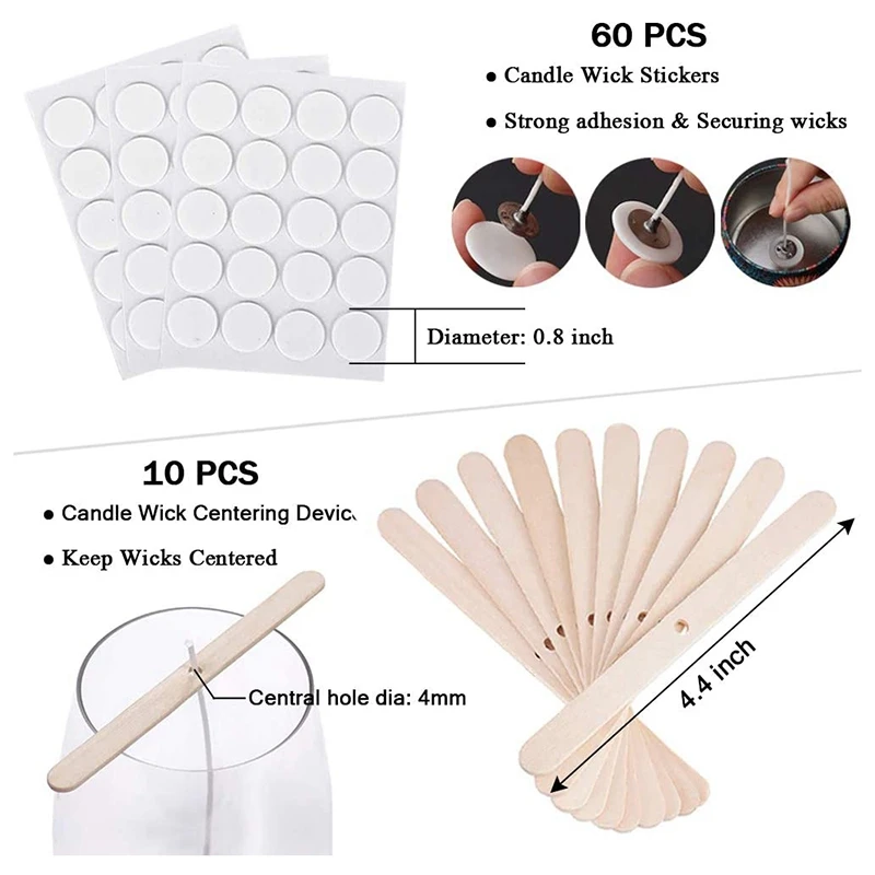 

Bulk Candle Wicks 100 Pcs 6 Inch with 60Pcs Candle Wick Stickers and 10 Pcs Wooden Candle Wick Centering Device