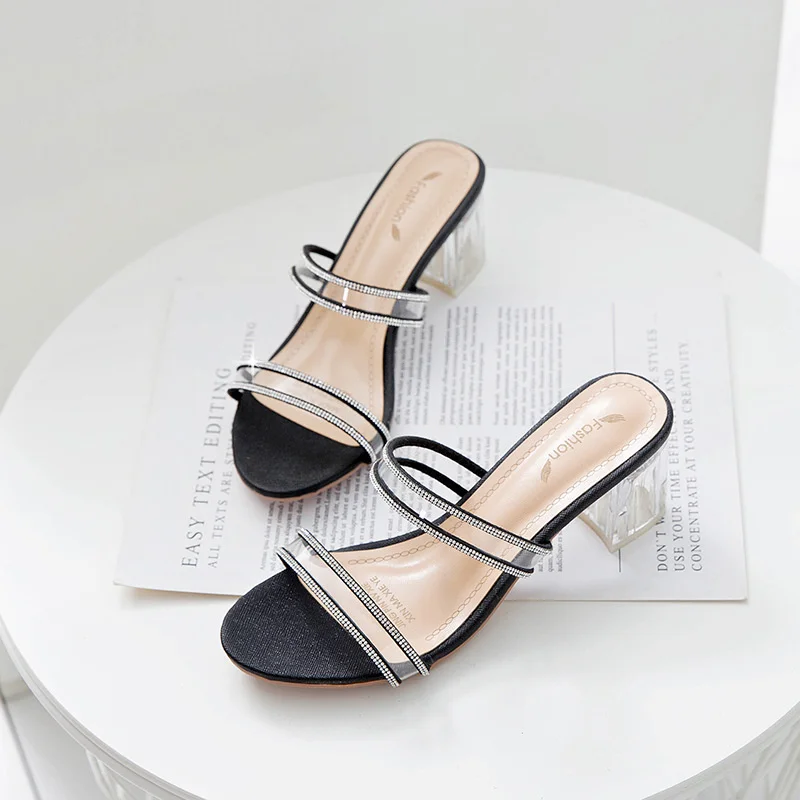 

Fairy style thick heel fashion sandals women 2021 new summer thick heel simple fashion thick heel Rhinestone sexy slippers