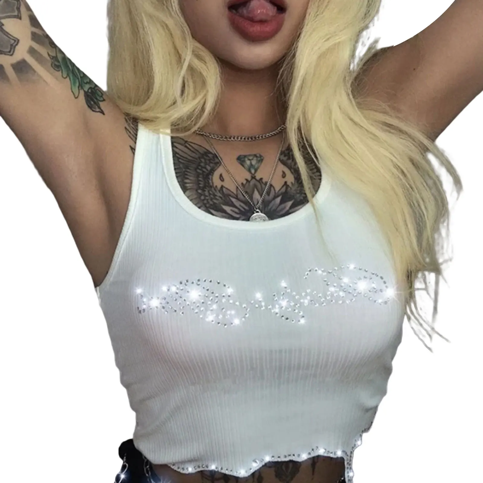 

Womens Rhinestones Decoration Tank Tops, Sleeveless Low Neck Ruffled Hem Crop Tops for Summer