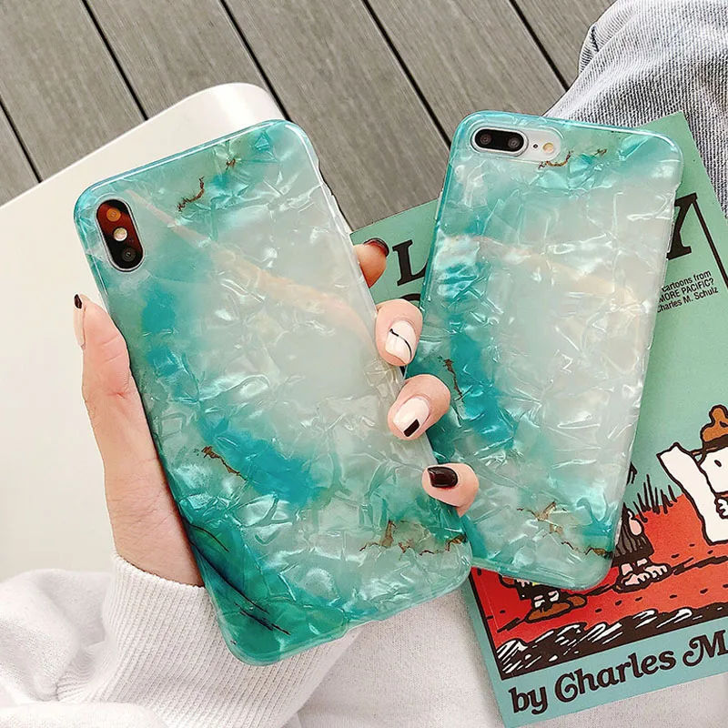 Simple Marble Pattern Phone Case for iPhone 6 6s 7 8 Plus X Xs XR Max Conch Shell Translucent Bling Back Cover |
