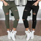Узкие женские джинсы Hirigin, черные и белые рваные брюки-карандаш до колен, джинсовые брюки с дырками