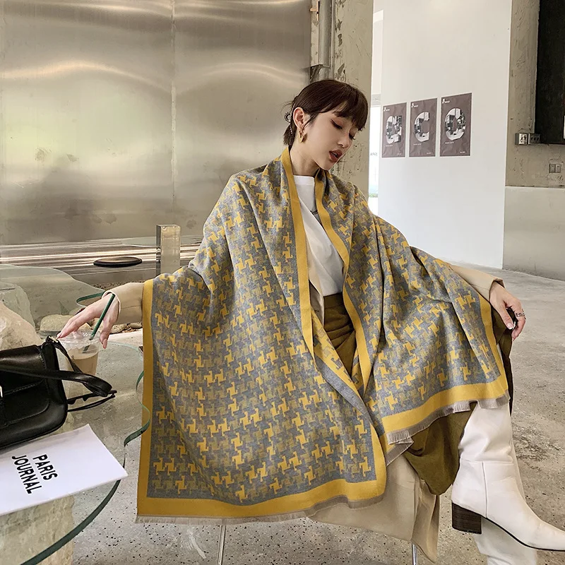 

2021 Korean winter new imitation cashmere women's scarf thousand bird lattice double-sided thickened warm cold proof outer shawl