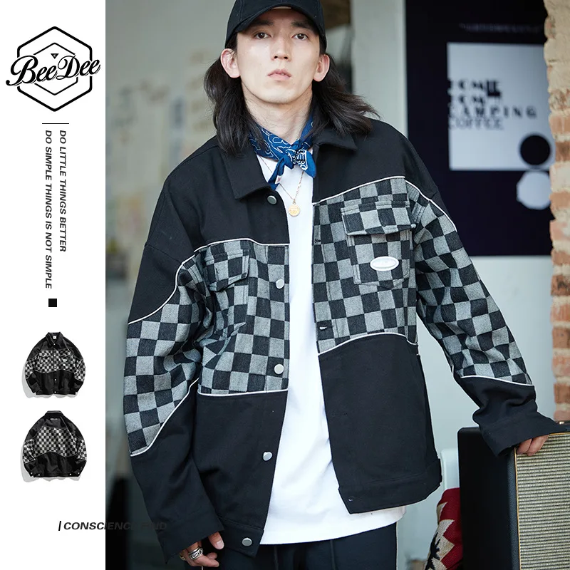 

2021 Beedee Reflective Checkerboard Denim Jacket Men's Trend Men's Jacket Denim Men's Clothing Korean Autumn New