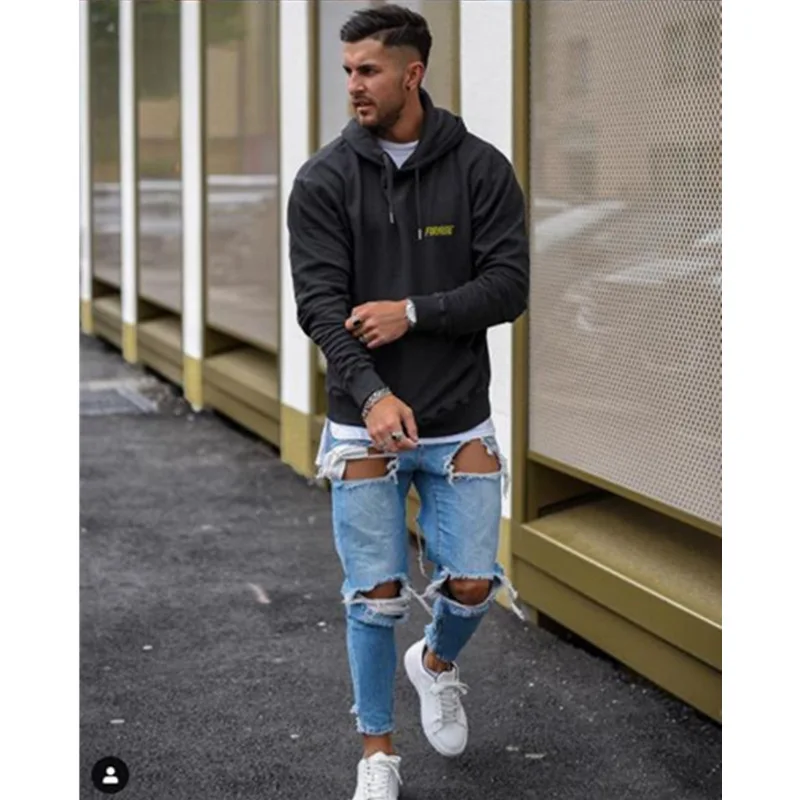 Новинка Осень/Зима 2021 мужские джинсовые брюки с разбитыми коленями модные