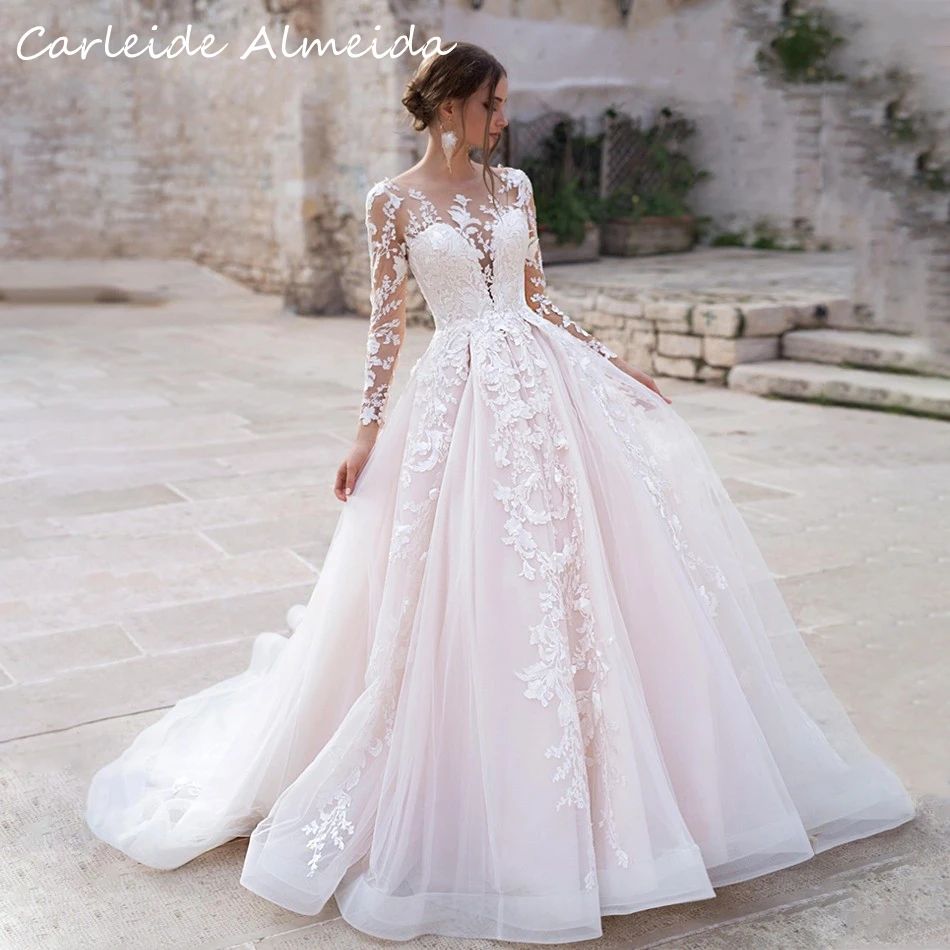 

Scoop Neck Long Sleeves Vintage Wedding Dresses 2021 Lace Appliques Luxury Princess Bridal Dress Customized Wedding Gowns