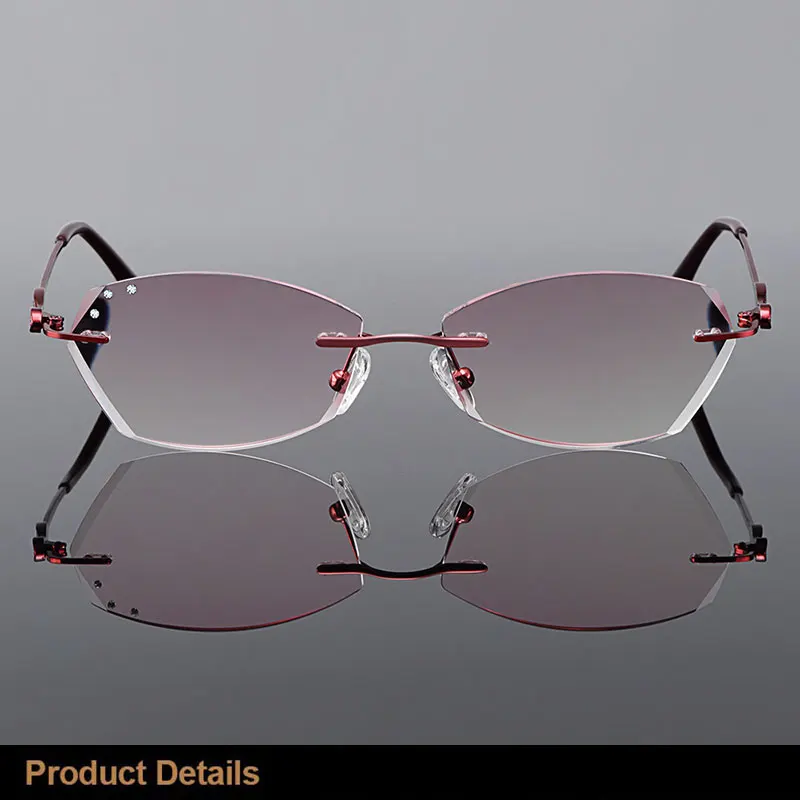 MASSENET Stylish Titanium Alloy Women's Rimless Diamond Trimming Cut Anti-Blue Ray Reading Glasses With Gradient Red Tint Z2853