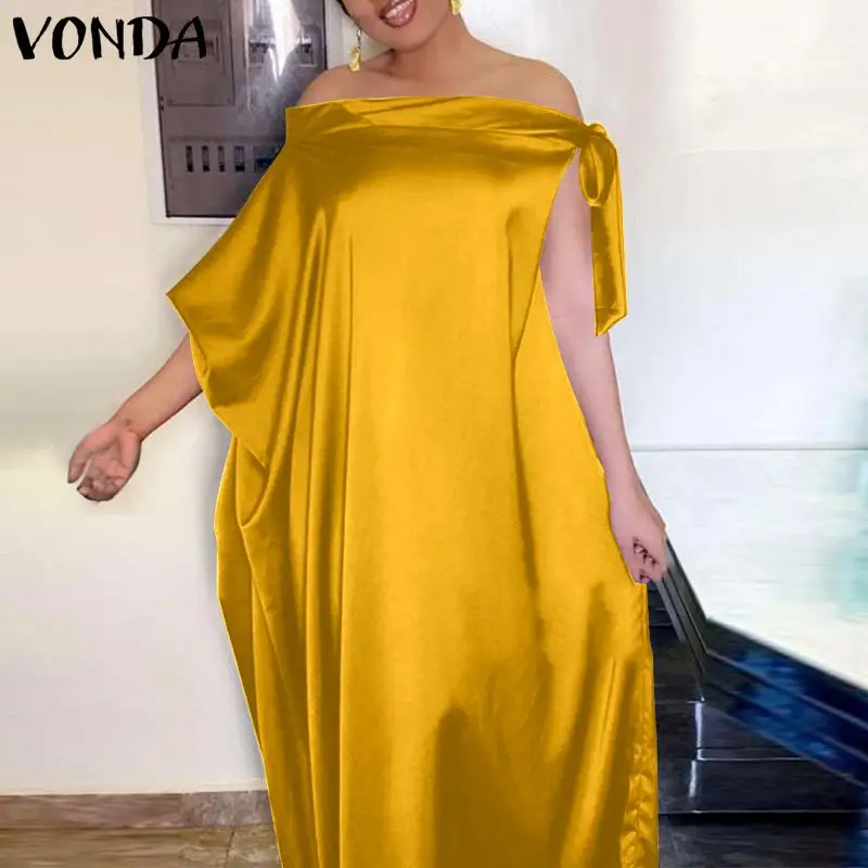 

VONDA 2022 Women Fashion Dress Off Shoulder Sleeveless Solid Color Long Maxi Dresses Pleated Baggy Vestido Robes Longue Oversize