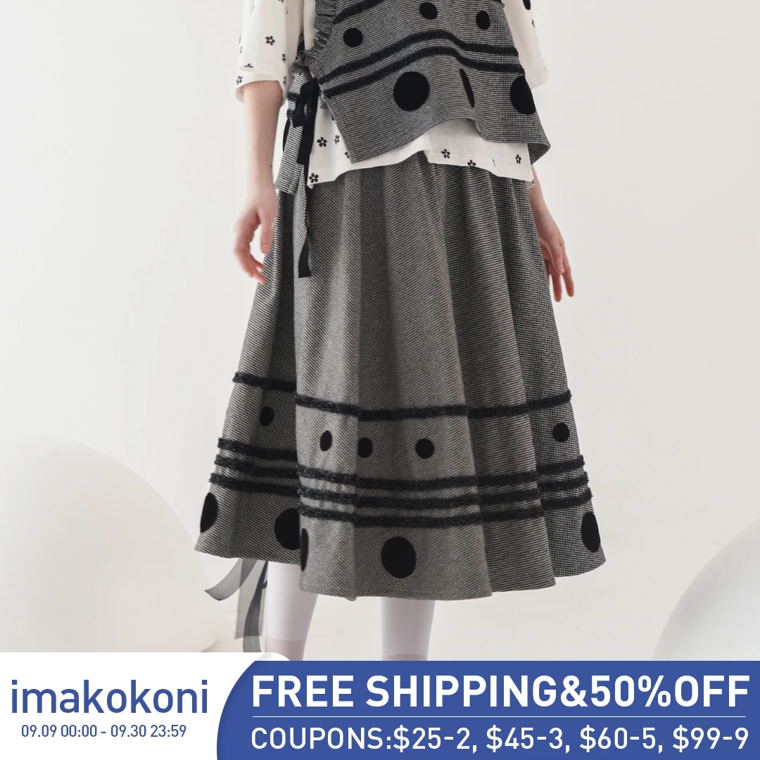

Imakokoni оригинальный дизайн твидовая юбка в горошек японская элегантная юбка средней длины 192882