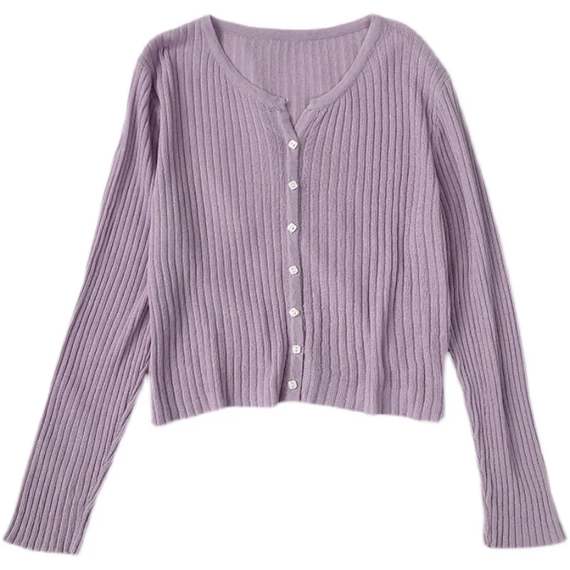

Square Single Row Buckled Long-sleeved Women's Spring and Summer Korean Style Gentle Wind with Solid-colored Knitted Cardigan