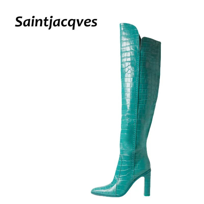 

Crocodile Leather Knee High Boots Women Sexy Chunky High Heels Long Boots Female Winter Party Shoes Cowboy Knight Boots