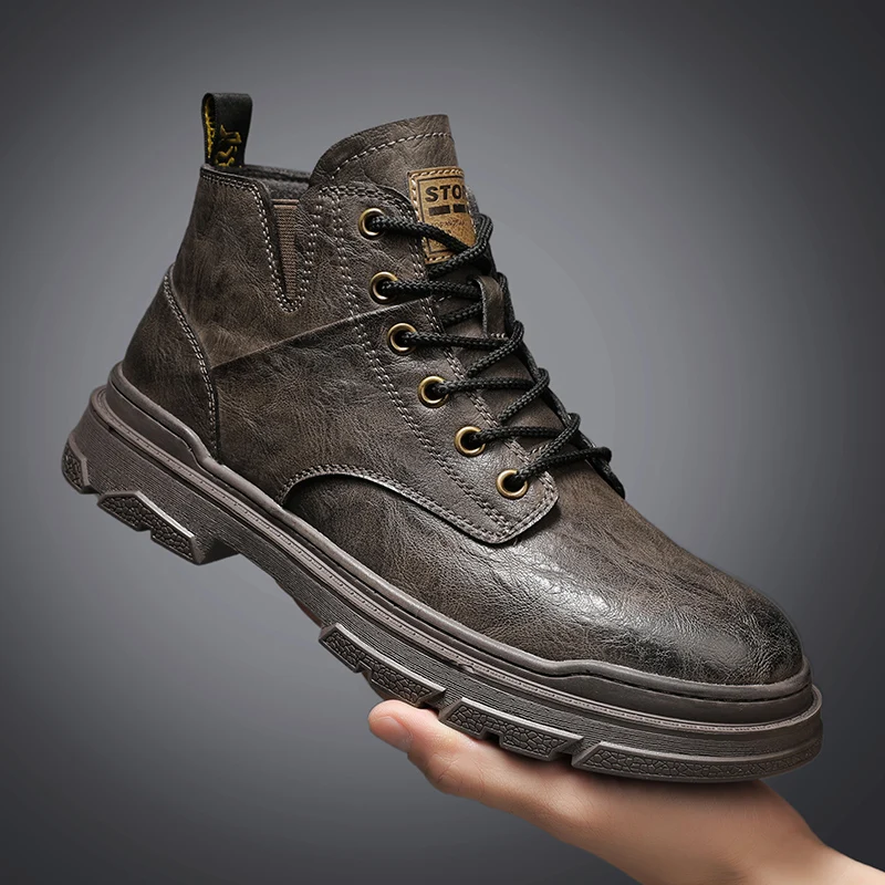 

Men's Martin Shoes Fashion Soft Comfortable Leather High-Top Shoes Rubber Thick Bottom Tooling Shoes British Men Casual Shoes