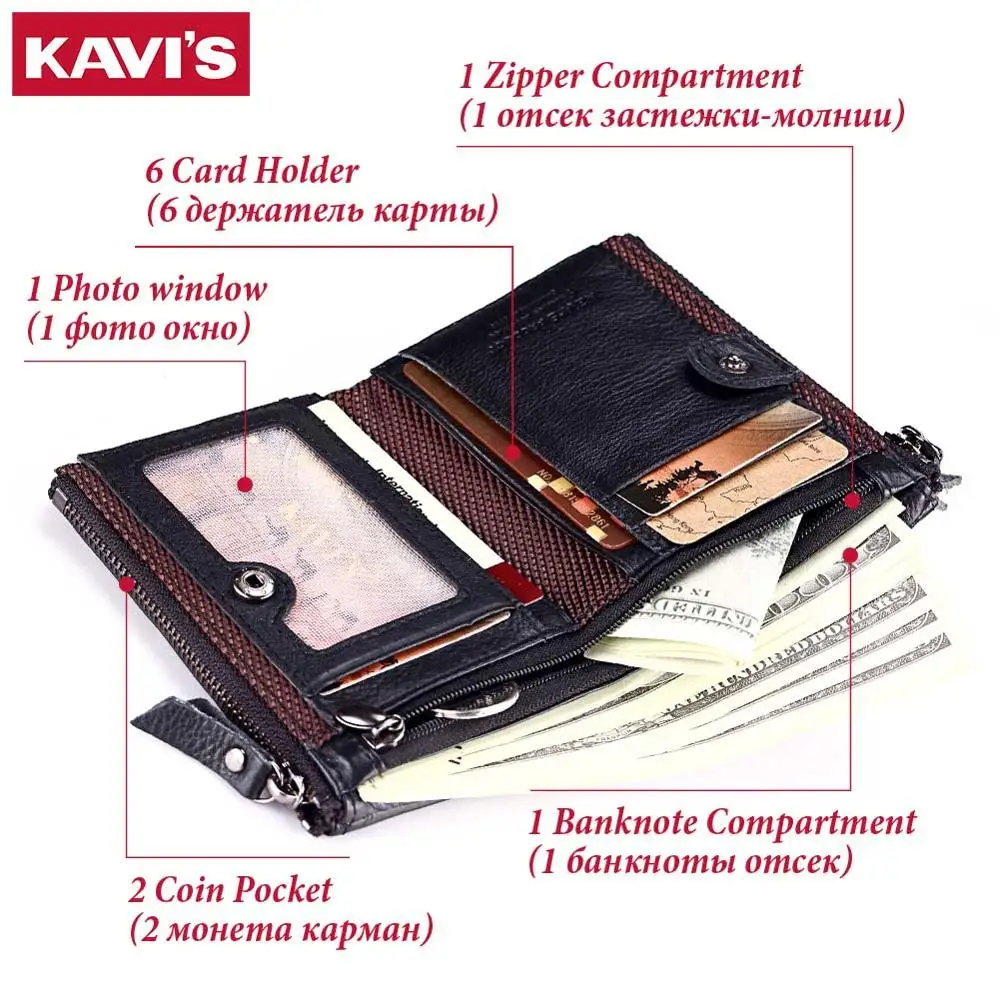 Кошелек KAVIS мужской из 100% натуральной кожи на молнии|carteira brand|men wallet smallleather men's |