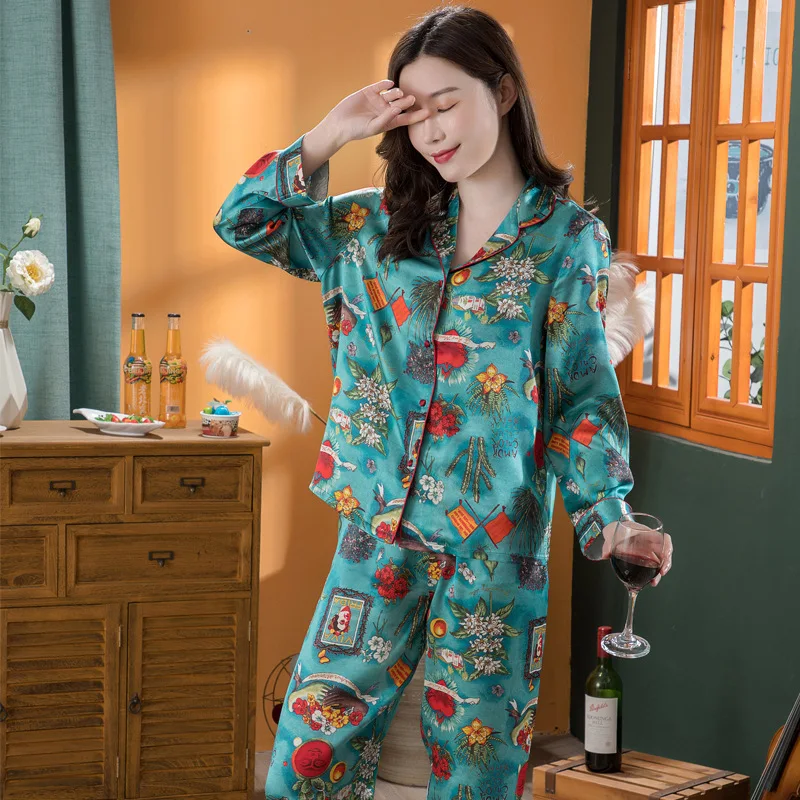 Luxury 100% Real Silk Pajamas for Women Floral Lady Mulberry Silk Home Wear Long-sleeved Nightgown with Trousers Two-piece Set