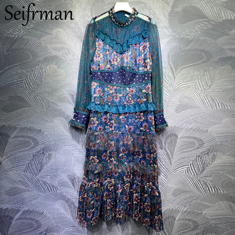 

Летнее женское дизайнерское праздвечерние платье-трапеция Seifrmann, кружевные платья-миди с оборками и цветочным принтом, 2021
