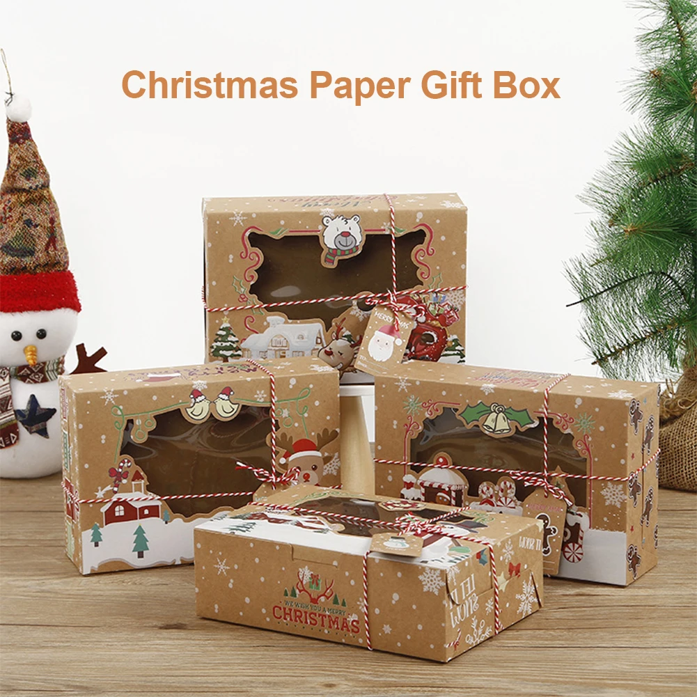 

4Pcs New Year Paper Gift Boxes Christmas Present Muffin Snacks Packaging Box Paper Xmas Snowman Santa Claus Box with Label Crad