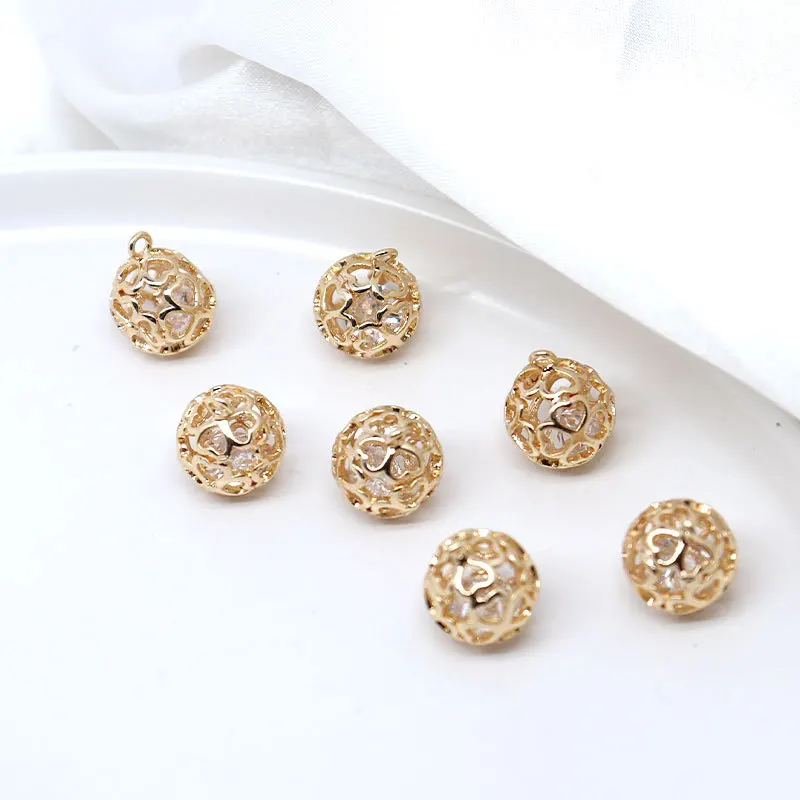Copper Clad 14K Real Gold Color Preserving Zircon Hollow Love Ball Pendant Pendant Hand Made diy Jewelry Bracelet Accessories