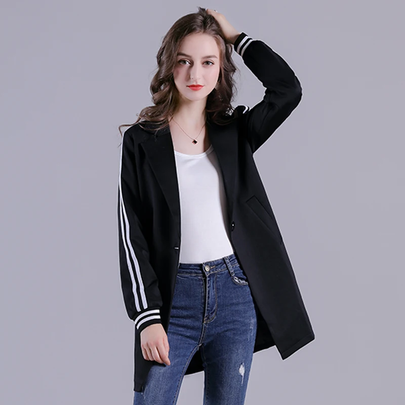 Черный Повседневный Блейзер Свободное пальто женский длинный стиль