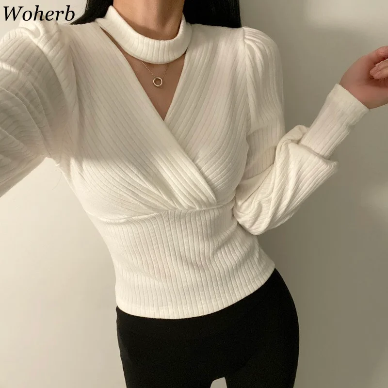 

Woherb Fashon Sweaters for Women Korean Fashion Slim Fit Knitted Pullovers Tops Fall Clothing Hollow Out Sexy Jumper Femme Femme