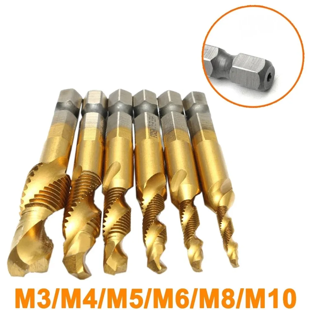 

6Pcs M3-M10 Drill Spiral Tap Bits HSS 1/4inch Hex Shank Metric Thread Cutter Drill Bits Titanium Plating