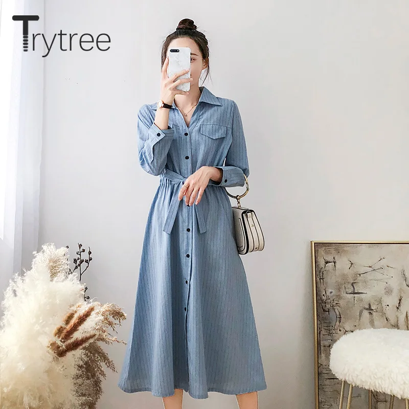 Trytree осеннее женское повседневное полиэфирное платье с отложным воротником