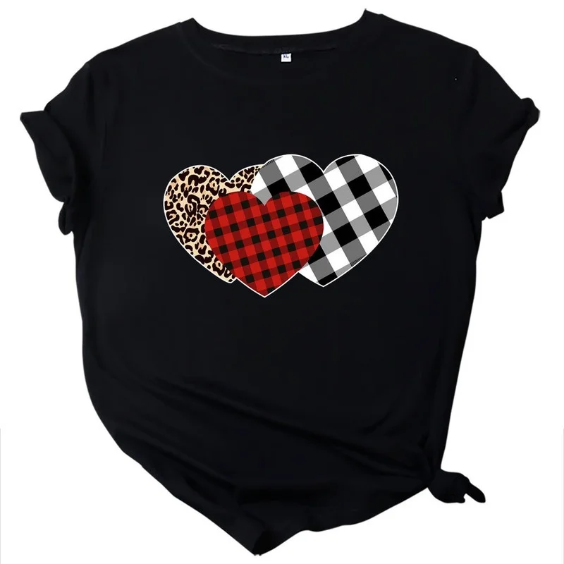 

Summer Women T Shirt Cotton Plus Size 5XL Cute Plaid Heart Print Graphic Tees Tops Short Sleeve O-Neck Casual Woman Tshirts