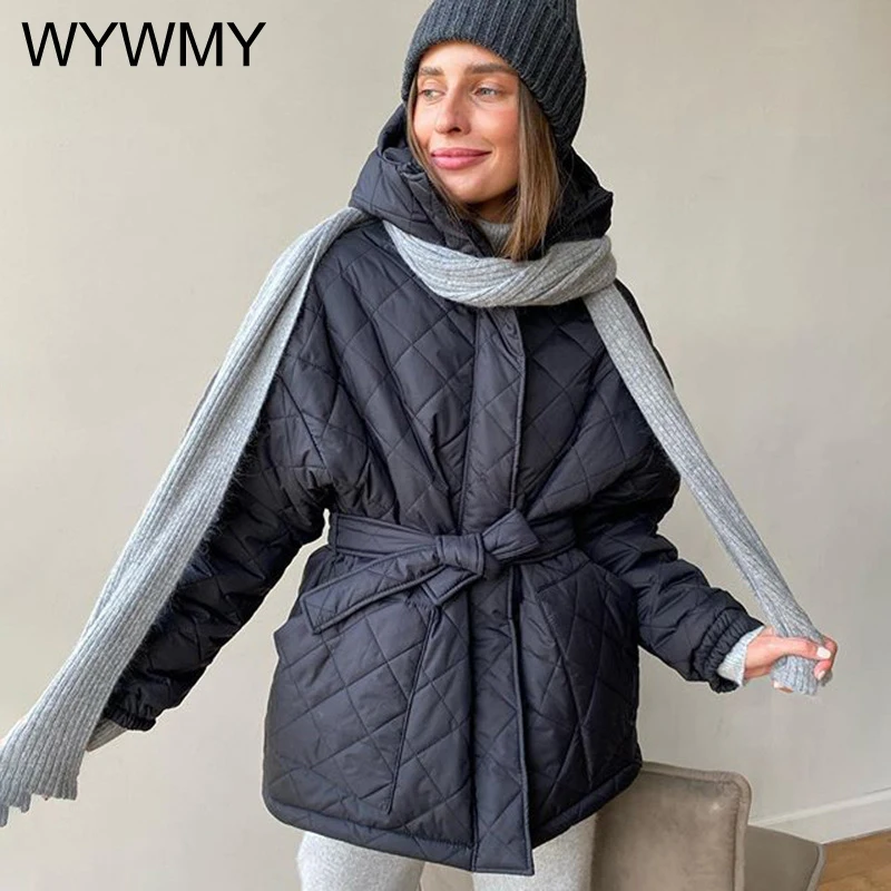 WYWMY Winter Jacket Women Hooded Parka Fashion Solid Thick Warm Short Coat Women Elegant Tie Belt Cotton Jackets Female Clothing