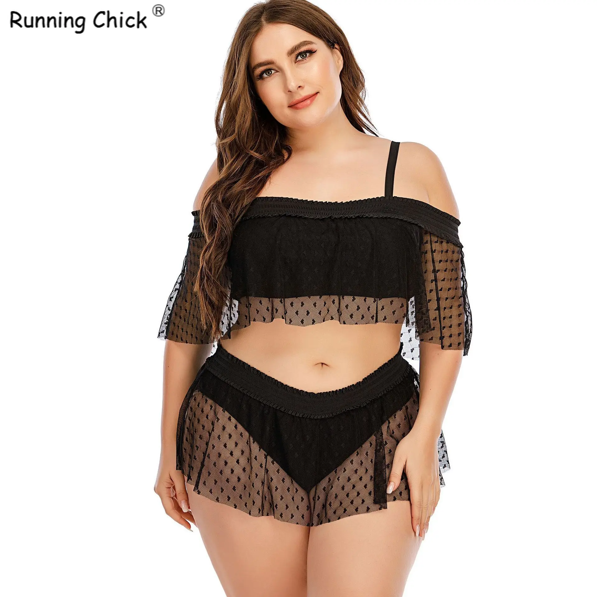 

2021 New Bikini Mesh Stitching Plus Size Solid Color Shoulder Split Swimsuit Women, 2 Piece Sets Womens