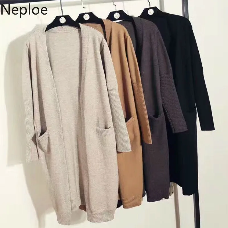 Neploe V Neck Long Knit Cardigans Femme Korean Loose Solid Sweater Women Autumn Winter New Sleeve Slim Pull 46320 |