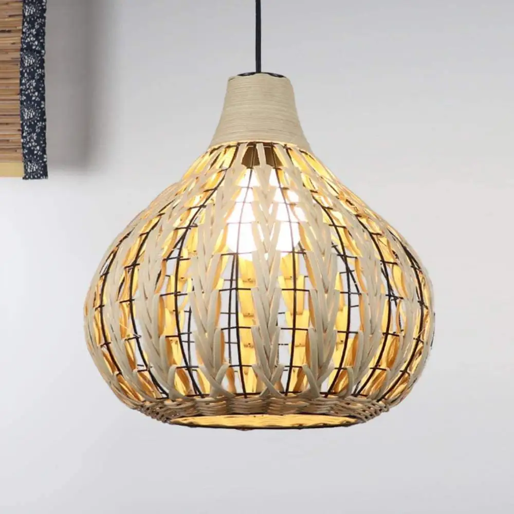 

13.8" Natural Bamboo Chandelier Weave Wicker Ceiling Light Fixture Retro Hanging Light Tropical Rattan Shade Lighting
