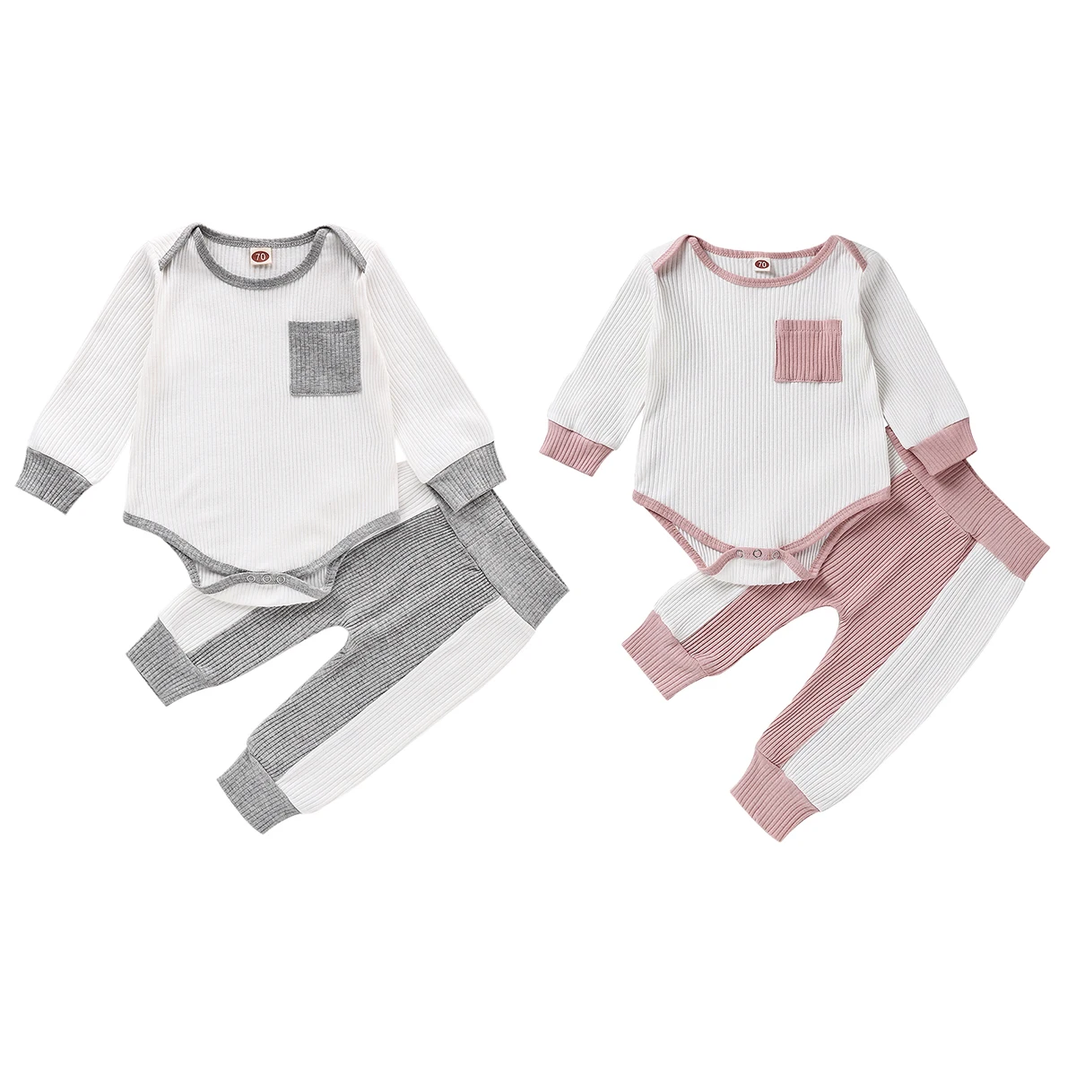 

2Pcs Toddler Boy Girl 0-24M Autumn Outfits O-Neck Long-Sleeves Ribbed Romper Top + High-Waist Splicing Pants for Baby Girls