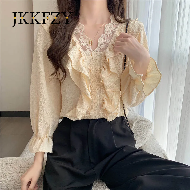 

Spring Summer Lace Stitching Ruffled V-neck Casual Shirt Woman Elegant Long Sleeve Blouse Solid White Fashion Tops