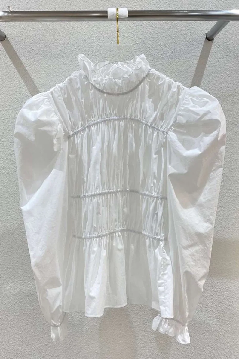 

Spring 2021 New Fashion Design Puff Sleeve Sweet Pleated Stand Full Solid Shirt Women Tops