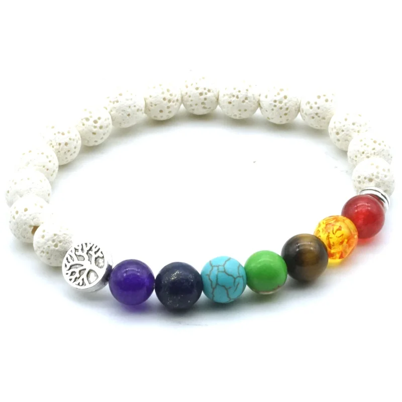 8mm Seven Chakras Tree of Life Charms White Lava Stone Beads DIY Aromatherapy Essential Oil Diffuser Bracelet Yoga Jewelry | Украшения и