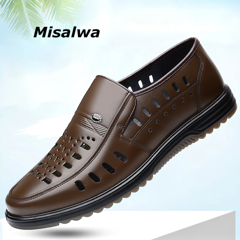 

Misalwa Men Casual Business Summer Shoes Cow Split Leather Flats Men's Loafers Breathable Hollow Men Shoes Moccasins Non-slip