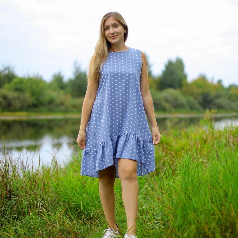 Lossky, женское летнее платье, модное, в горошек, без рукавов, Пляжное, мини платье, повседневное, с принтом, короткое, свободное, синее, сарафан,, vestidos