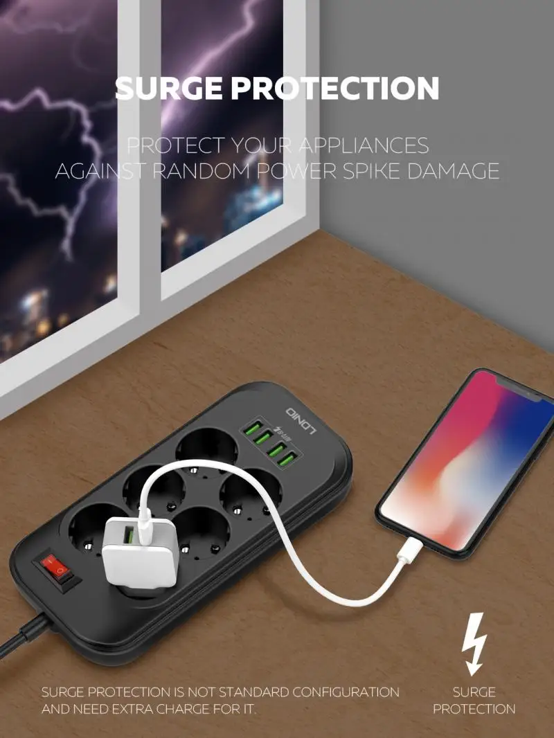 Сетевой удлинитель LDNIO с 4 USB-портами 6 евророзеток защита от скачков напряжения |