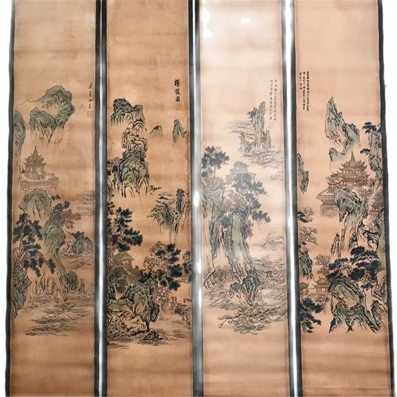 

China Old Scroll Four Screen Middle Hall Hanging Painting Landscape Lou Guan Tu