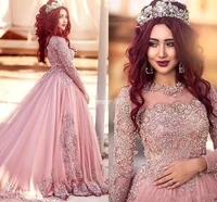 pink evening dresses 2019 ball gown long sleeves high neck lace beaded saudi arabic women formal evening gown robe de soiree