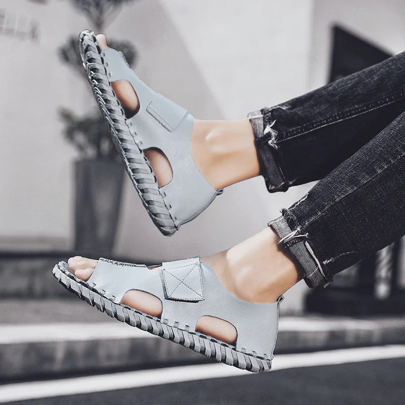 

CYYTL Fashion Summer Men Soft Leather Sandals Open Toe Hand Stitching Outdoor Beach Waterproof Shoes Walking Casual Slippers