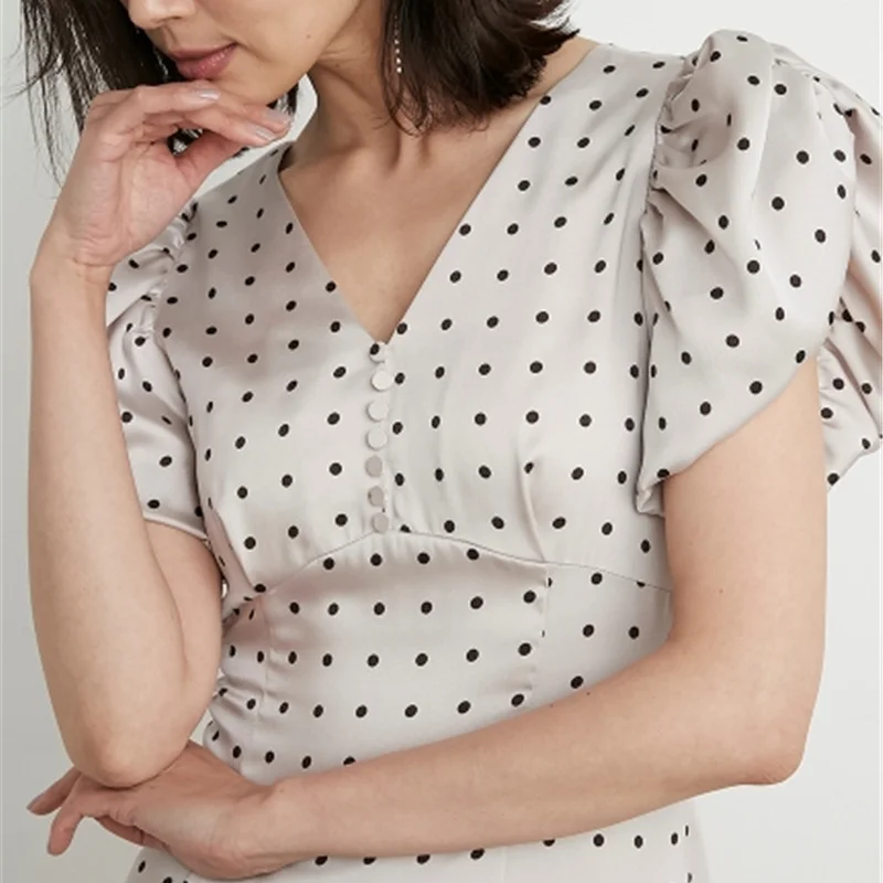 

High Waist V-neck Puff Sleeve Slim Dresses for Women Temperament Dot Vestido Feminino Simple Office Lday One Piece Summer New