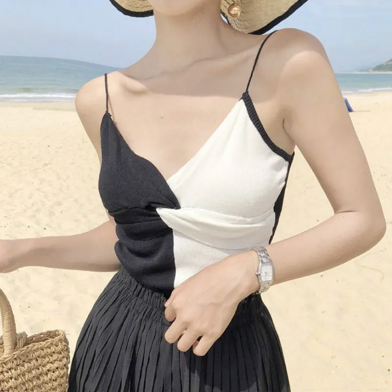 

New 2020 Spring Summer Chic Patchwork Slim Camisole Crop Tops Women Sexy Party Club Vest Lady Knitted Bottoming Short Tank Tops