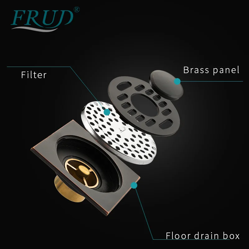 Квадратная черная бронзовая напольная сливная решетка FRUD для ванной комнаты